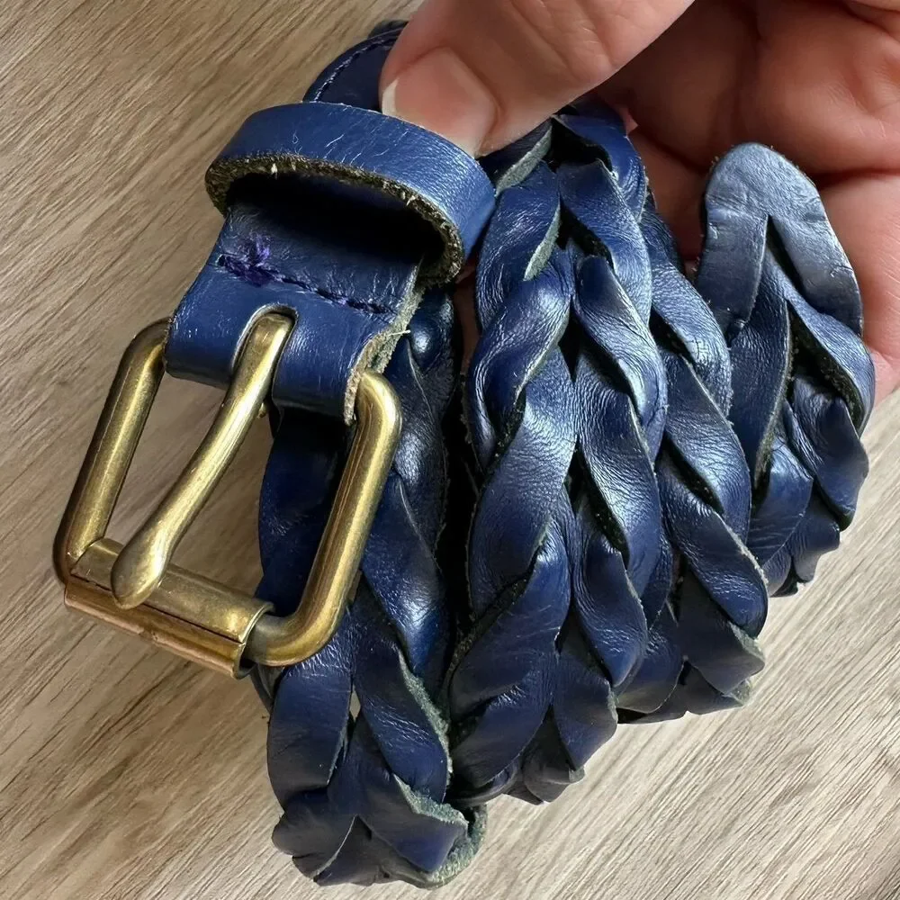 J. Crew Blue Genuine Leather Braided Plaited Belt Size S/M - Picture 2 of 7